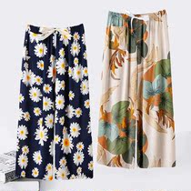 Middle-aged and elderly cotton silk pajama pants women Summer thin wide leg pants loose size mother home pants dress ankle-length pants