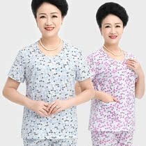Middle-aged and elderly cardigan short-sleeved women cotton loose T-shirt top button round neck pocket cotton thin summer