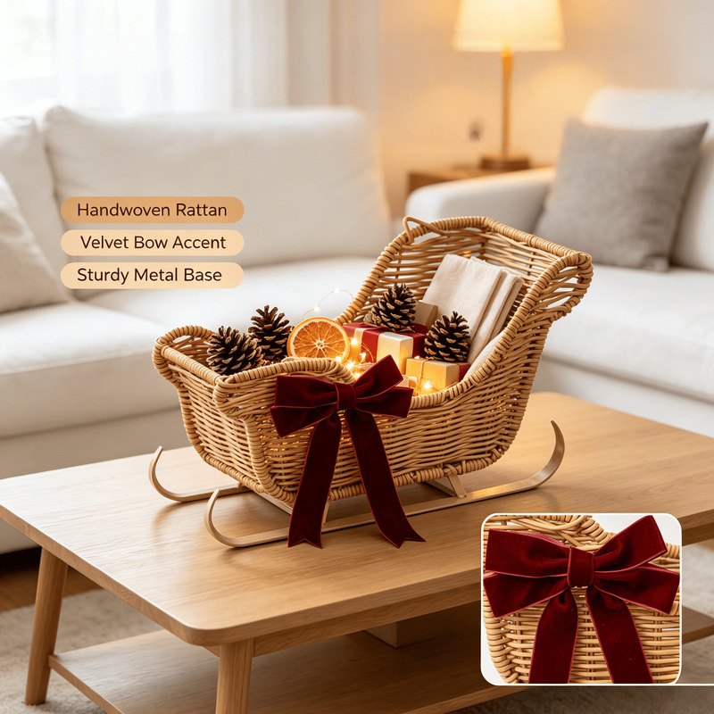 Hot-Selling Creative Christmas Rattan Sleigh Ornament Christmas Decoration Storage Basket Fruit and Vegetable Basket Snack Candy Tray