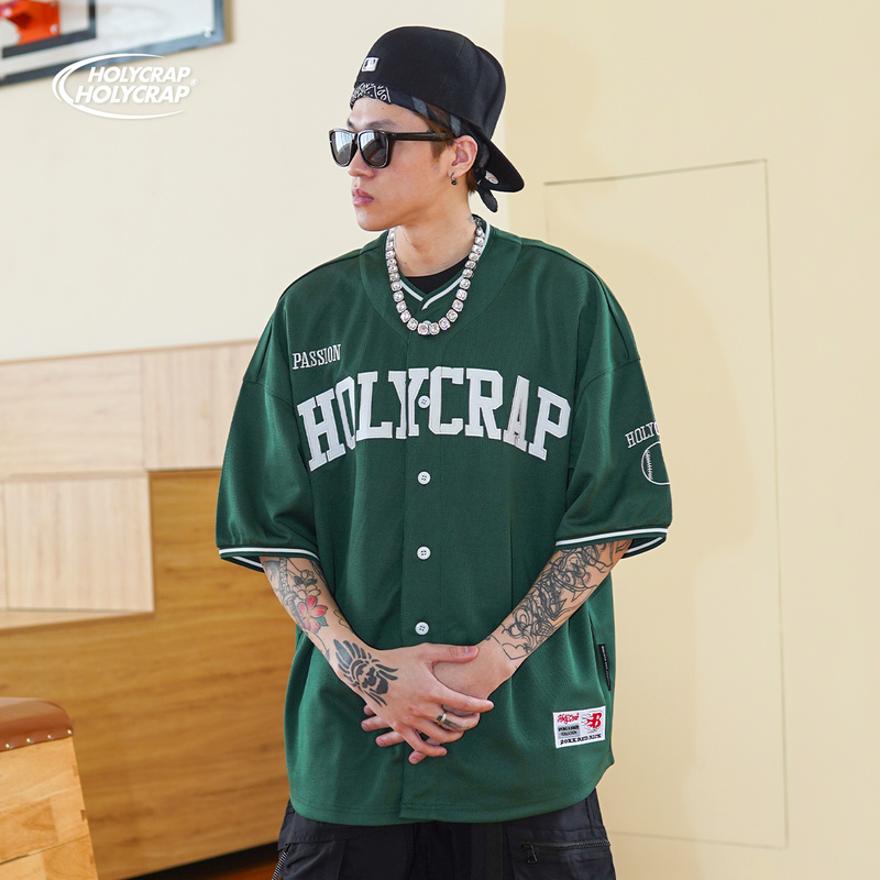Holycrap American Baseball Short-Sleeve Dark Green Mesh Hip-Hop Trendy Brand Hip-Hop Street Dance T-Shirt Top Half-Sleeve