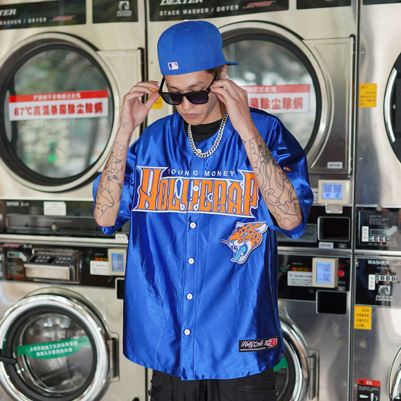 Holycrap Reflective Blue Trendy Hip-Hop Baseball Jacket T-Shirt Short-Sleeve Street Dance Hip-Hop Jersey Jacket for Men and Women
