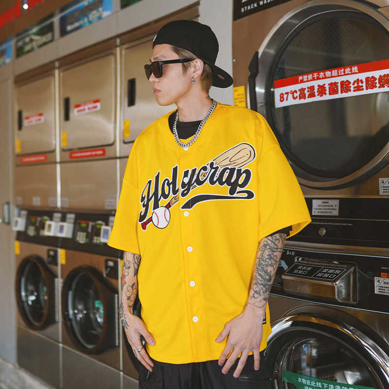 Holycrap Hip-Hop Jersey Cardigan Short-Sleeved Hiphop Loose Street Dance American West Coast Embroidered Baseball T-Shirt Holycrap Hip-Hop Jersey Cardigan Short-Sleeved Hiphop Loose Street Dance American West Coast Embroidered Baseball T-Shirt