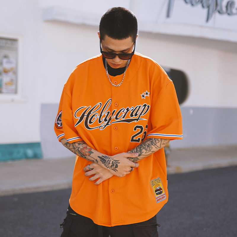 Holycrap West Coast Short-Sleeved Hip-Hop Original Trendy Brand Hiphop Street Dance Orange American Baseball Cardigan T-Shirt
