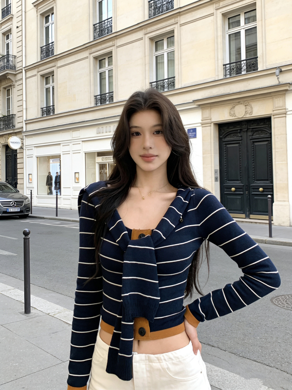 [Nautical Series] Striped Faux Two-Piece Knit Sweater for Women, Early Spring, Navy Blue, Long-Sleeve, Sailor Collar Top