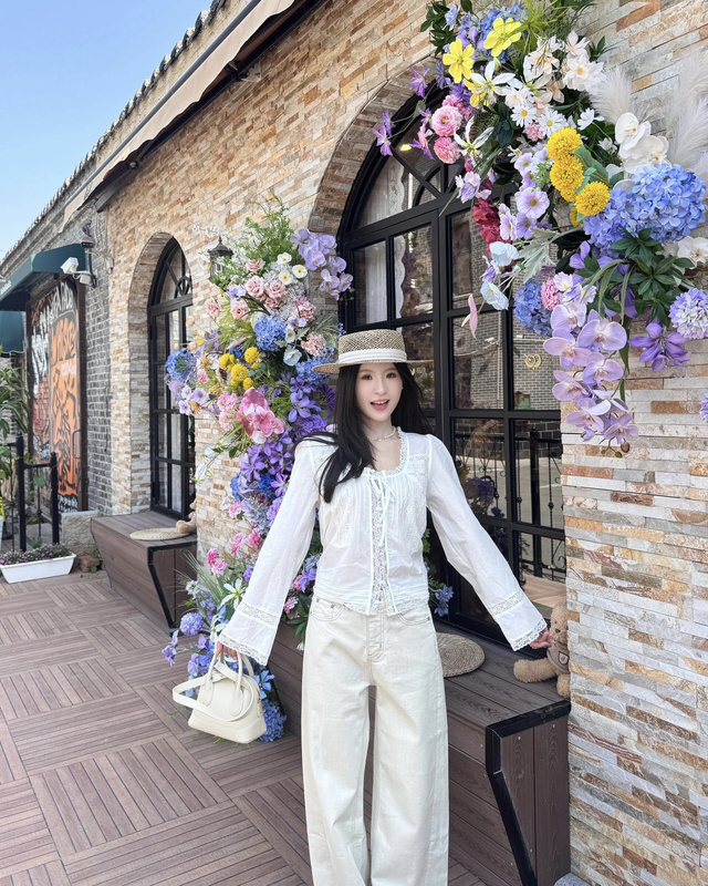 Zhong Ling Xuanxiu Elegant Exquisite Pure Color Shirt 100 Cotton Complex Patchwork Lace Shirt Pure Desire Top for Women Summer