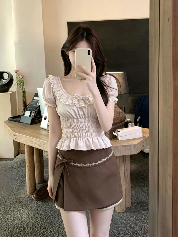 [Cappuccino] Maillard Age-Reducing Dyed Lace Puff Sleeve Chiffon Top with Slit Skirt