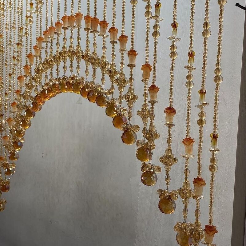 High-End Champagne Gold Lantern Style Crystal Bead Curtain for Bedroom Entrance Partition, Gourd and Cabbage Feng Shui Decorative Curtain
