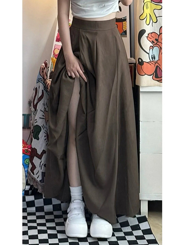 Berkeley Half-Skirt Plus Size for Chubby Girls with Pear-Shaped Body, Spring High-Waisted Hip-Covering Brown Long Skirt to Ankle, Pleated Skirt
