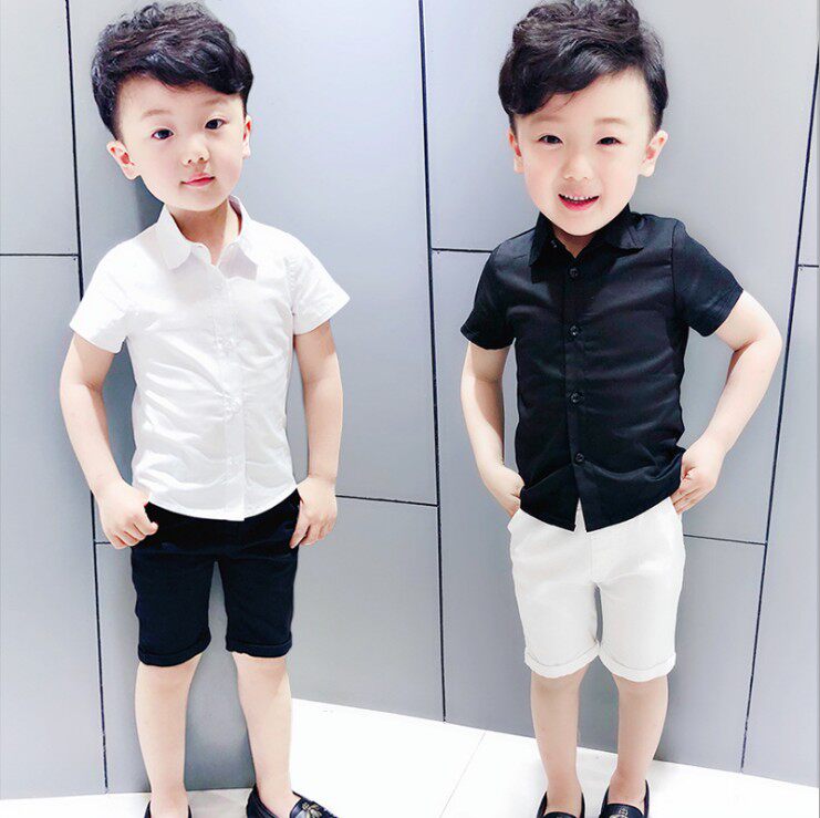 Boys' short sleeve shirt Summer children's pure cotton shirt with solid color backing Boys' Korean edition top Flower Boy 234,567 years old