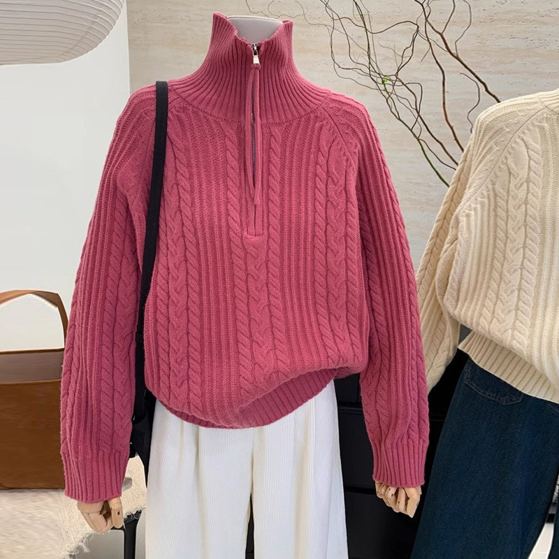 150kg Plus Size High-Neck Zip-Up Knit Sweater for Women, Fashionable Loose-Fitting Sweater, Long-Sleeve Top for Autumn and Winter