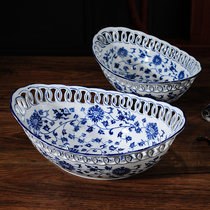 New Chinese green flower ceramic fruit tray large size retro living room tea table swing piece creative home dried fruit pan minimalist hand plotter