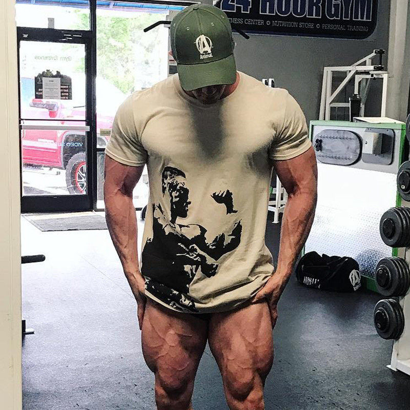 Round Collar Fitness Suit Training Short Sleeves Male size Sizes Loose Muscle Bodybuilding Brothers elastic pure cotton breathable Sport T