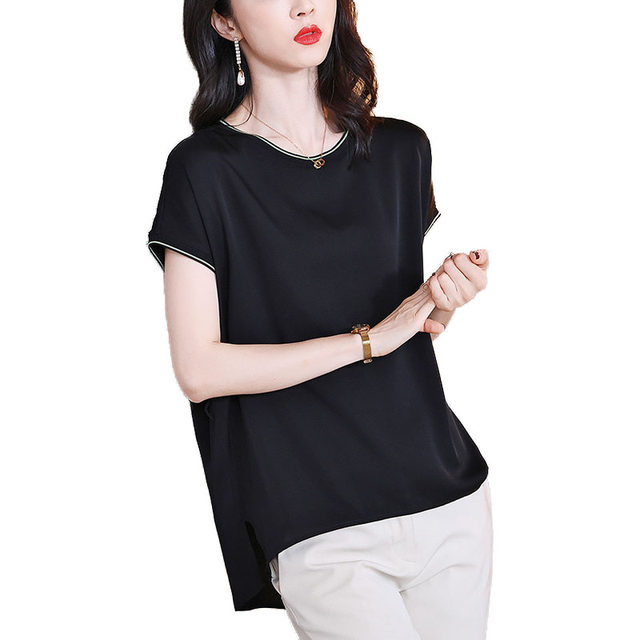 Hangzhou silk short-sleeved T-shirt women's summer thin shirt loose mulberry silk black large size Western-style top