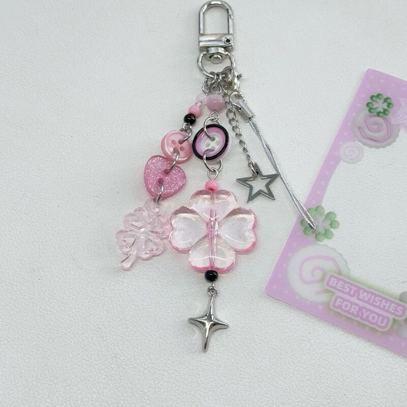 【Pink Is Destiny】Handmade Beaded Girly Heart ins Keychain Cute Clover Pendant