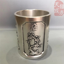Pure copper Melanzhu Chrysanthemum Brush Cylinder Silver Plated silver pen with commemorative gift China Wind comeback ancient text Play Props Collection
