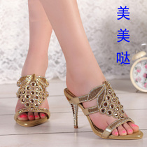 2018 spring and summer new rhinestone high-heeled slippers cool drag womens sandals slippers Korean version of casual cool drag women wear