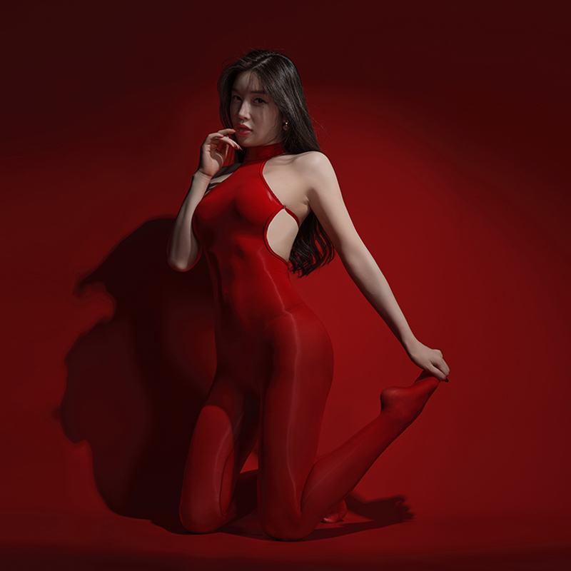 Qinghe Oil-Shiny One-Piece Women's Stockings, Sensual Silky Smooth Bodysuit, Sexy Crotchless No-Take-Off Charming One-Piece Black Stockings
