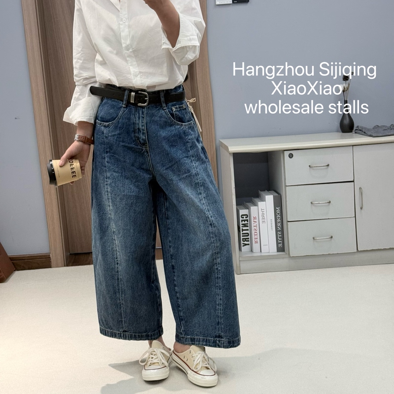 T&S 6216 Spring/Summer New Cool and Stylish Crisp Denim Blue Full Cotton Casual Non-Stretch Wide-Leg Cropped Jeans for Women B