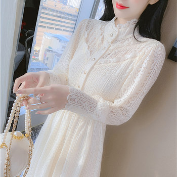 Wear a coat with a bottoming skirt 2023 autumn and winter new white plus velvet lace dress women's long skirt with a sense of luxury