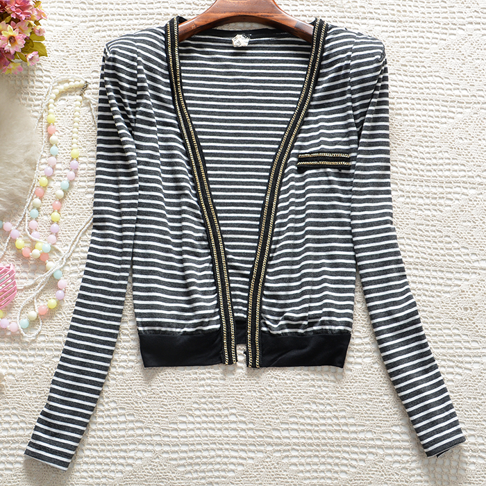 Mùa xuân và mùa thu của phụ nữ thời trang hoang dã mỏng modal cotton sọc mỏng áo khoác cardigan ngắn áo nữ