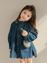 Girls Small Stand Collar Loose Shirt Denim Shirt 2024 Autumn Clothing Children New Style Girls Loose Casual Top