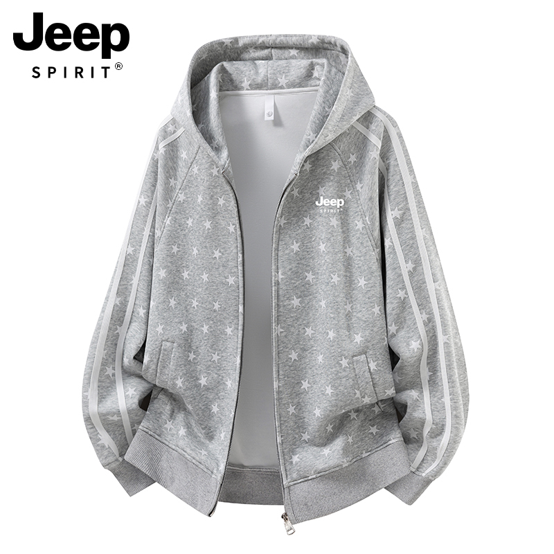 Jeep All-Over Star Print American-Style Gray Sweatshirt for Women 2026 New Autumn Lazy Style Cardigan Zipper Hooded Jacket