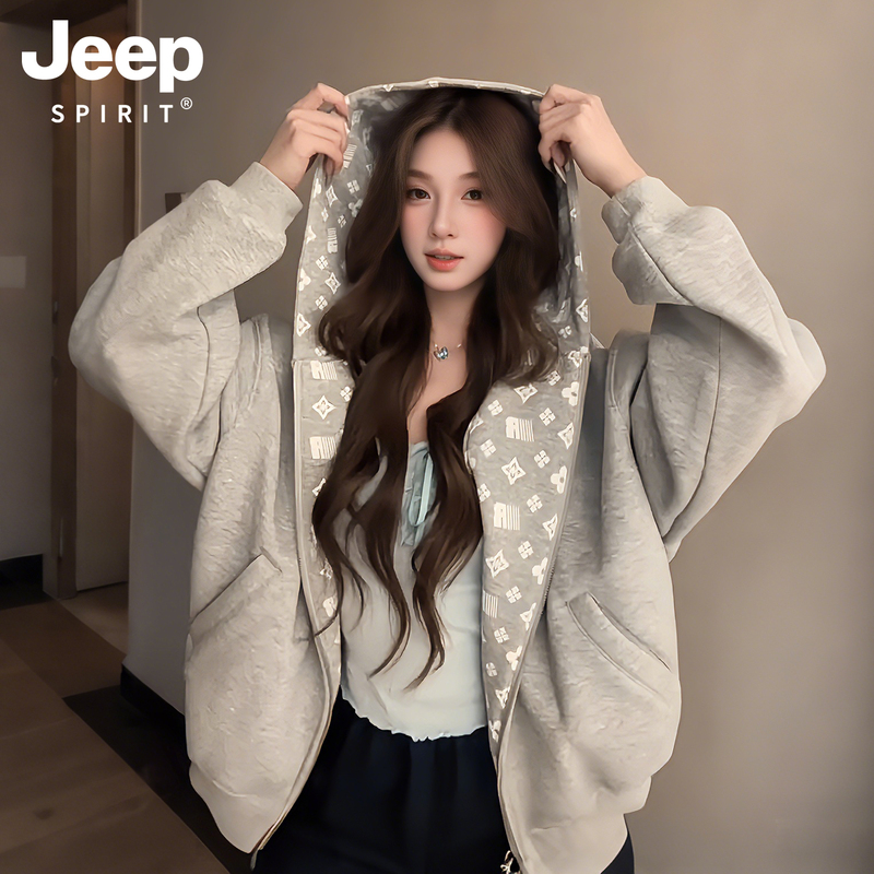 Jeep Women's Jacket 2026 New Early Spring and Autumn Korean Style Beautiful and Casual Petite Exquisite Cardigan Thin Gray Sweatshirt