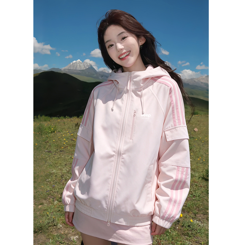 Jeep Pink Jacket for Women 2026 New Autumn Sports Striped Loose Windbreaker Very Stylish Early Autumn Jacket