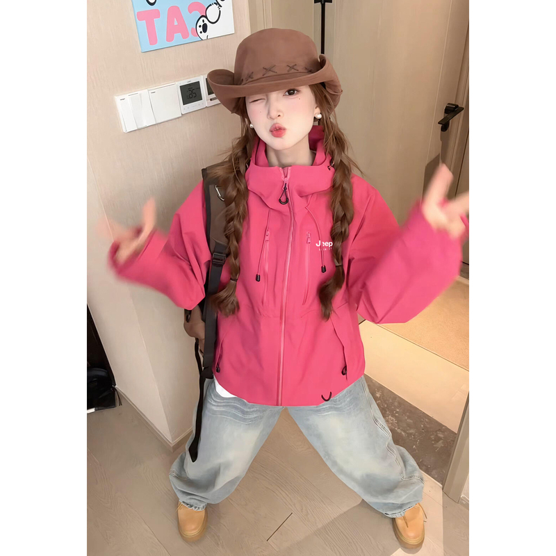Jeep Rose Red Jacket for Women 2026 New Outdoor Windproof Petite Three-In-One Dopamine Style Outerwear
