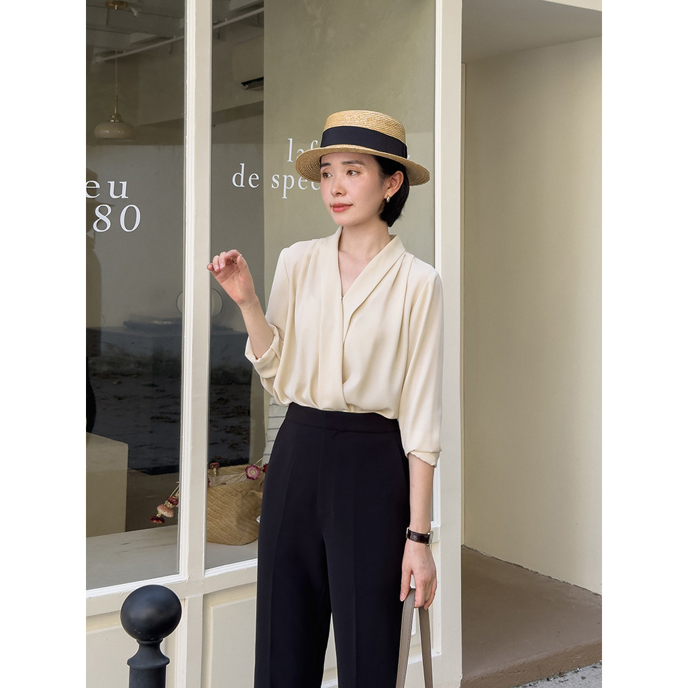 Momari Themaury ранняя осень французский V -neck сложить драпировка рубашка простой темперамент Добираться рубашка Женщина C1055