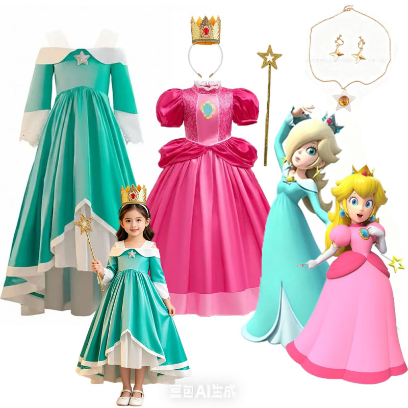 Princess Brigitte Dress for Girls, Princess Rosetta Cosplay Costume, Peach Princess Dress, Mario Cosplay Costume Princess Brigitte Dress for Girls, Princess Rosetta Cosplay Costume, Peach Princess Dress, Mario Cosplay Costume