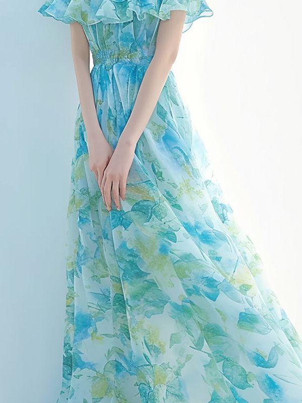 High-End Blue Printed Niche Design, Slightly Plump and Charming Style, Waist-Cinching, Slimming One-Shoulder Dress for Women in Summer High-End Blue Printed Niche Design, Slightly Plump and Charming Style, Waist-Cinching, Slimming One-Shoulder Dress for Women in Summer