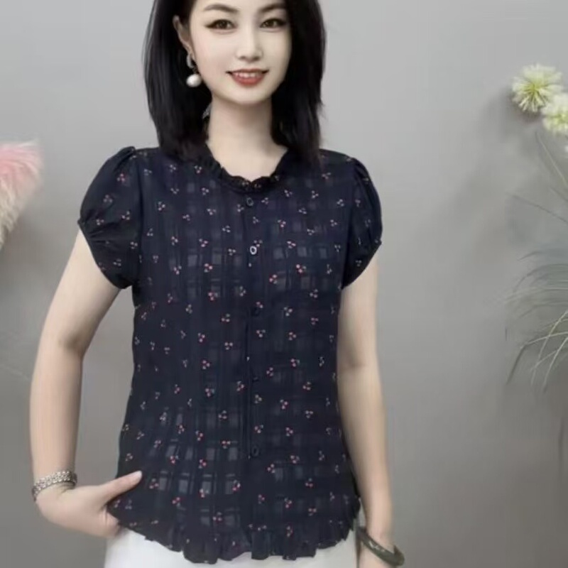 2026 Summer New Style Floral Ruffled Short-Sleeve Shirt Fashionable Age-Reducing Women's Lightweight Slimming Top