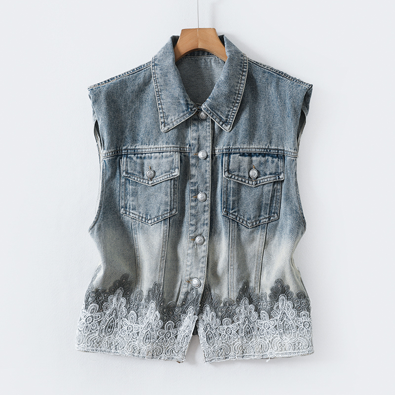S32433 Tairan~Washed Gradient Color Hem with Sequin Lace Trim~Lapel Sleeveless Padded Shoulder Denim Vest