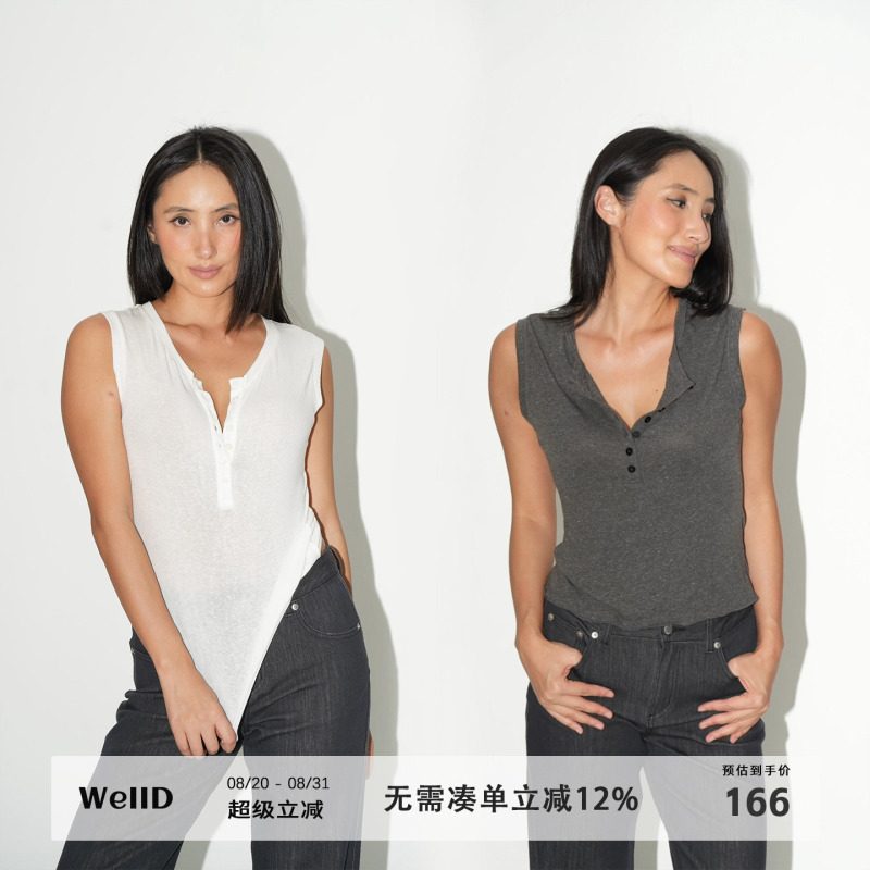 Welld Linen Lyocell Henry Collar Round Neck Sleeveless Button Vest Women's Simple Fashion Versatile Slim Fit Top Welld Linen Lyocell Henry Collar Round Neck Sleeveless Button Vest Women's Simple Fashion Versatile Slim Fit Top