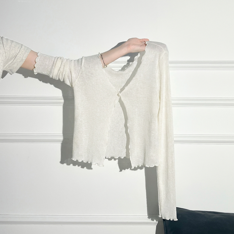White Thin Ruffled Knit Cardigan to Wear over a Slip Dress, Sun Protection Air Conditioning Cover-Up, Summer Long-Sleeve Ice Silk Top for Women
