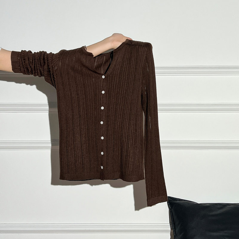 Melard Brown Coffee Color V-Neck Knitted Cardigan Thin Ice Silk Sun Protection Cover-Up Autumn Long-Sleeve Outerwear Jacket for Women Melard Brown Coffee Color V-Neck Knitted Cardigan Thin Ice Silk Sun Protection Cover-Up Autumn Long-Sleeve Outerwear Jacket for Women
