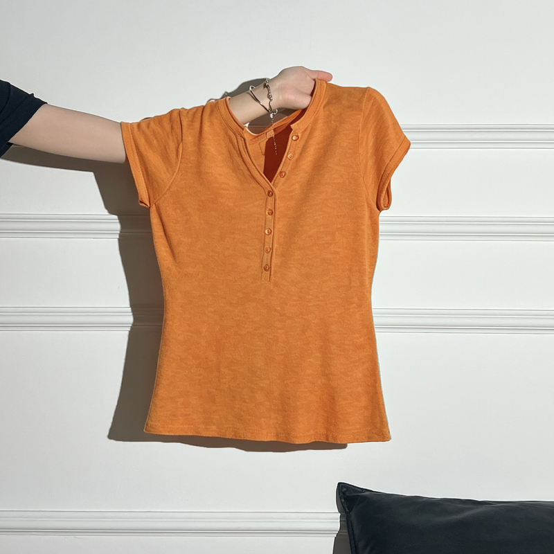 La Chapelle High-End Orange Dopamine V-Neck Slim-Fit Slimming T-Shirt Summer Short-Sleeve Elegant Top for Women La Chapelle High-End Orange Dopamine V-Neck Slim-Fit Slimming T-Shirt Summer Short-Sleeve Elegant Top for Women