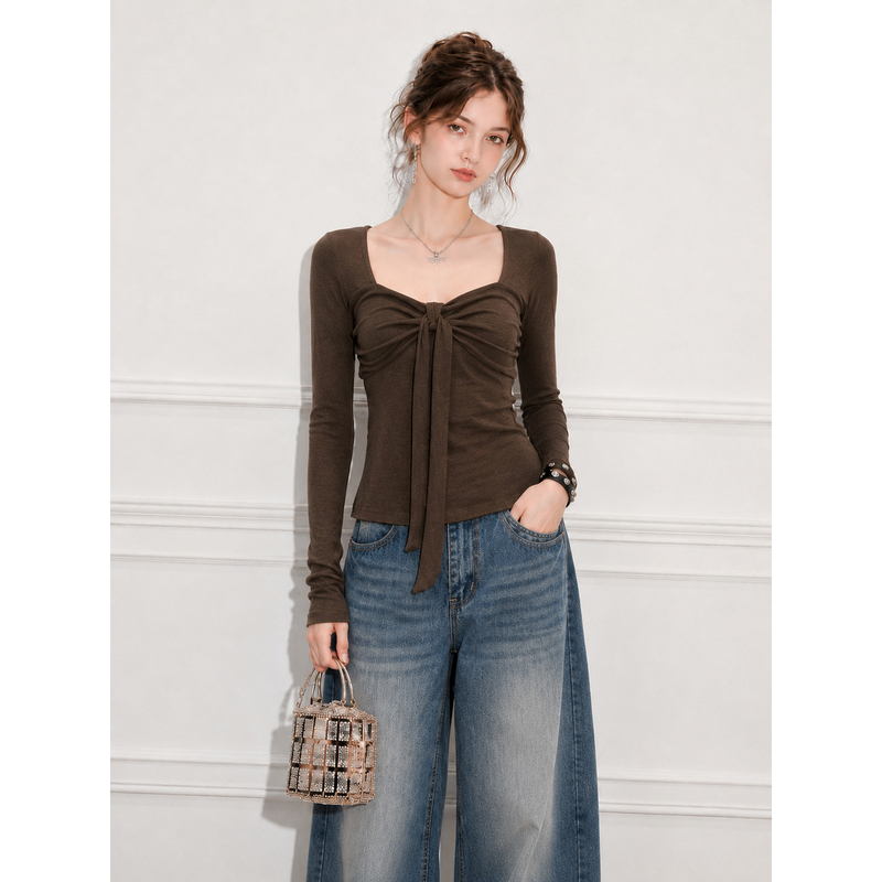 Bow-Tie Square-Neck Slim-Fit Long-Sleeve T-Shirt, New Autumn Style, Melard Brown Coffee Color Base Shirt for Women Bow-Tie Square-Neck Slim-Fit Long-Sleeve T-Shirt, New Autumn Style, Melard Brown Coffee Color Base Shirt for Women
