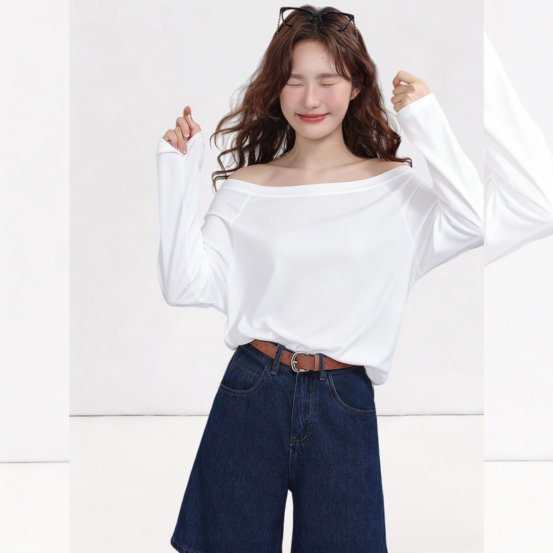 Unique Design White Off-Shoulder Long-Sleeve T-Shirt for Women, Loose Fit, Slimming, Lazy Style Top for Autumn