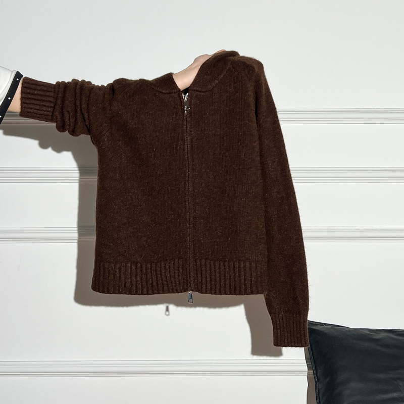 Maillard Brown Hooded Knitted Cardigan Thickened Warm Sweater Coat Autumn and Winter Long-Sleeved Loose Top for Women
