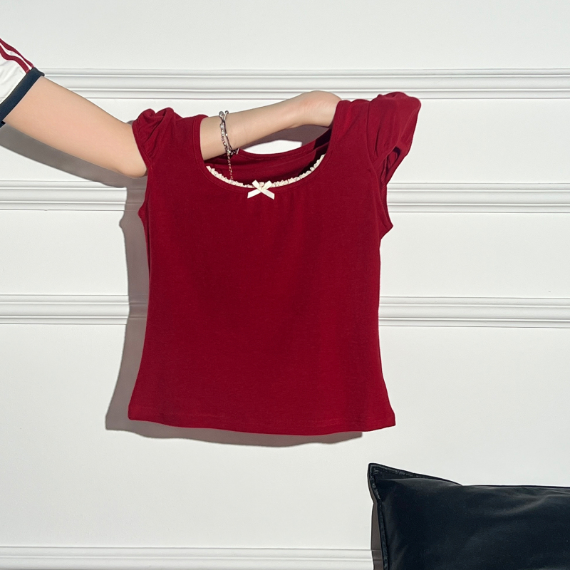 La Chapelle Pure Desire Lace Bow U-Neck T-Shirt for Women, New Summer Style, Short-Sleeved, Stunning Red Slim-Fit Top