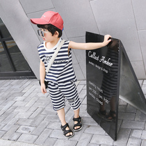 4-year-old boy vest shorts set 2021 new childrens summer pure cotton sleeveless two-piece set 5 thin striped tide