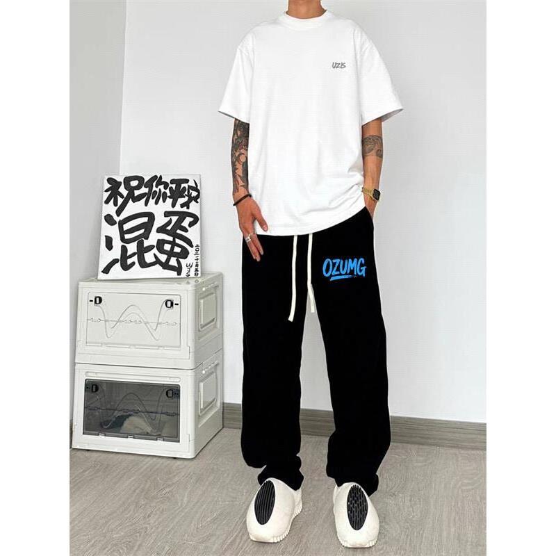 Spring and Autumn Trendy Brand Thin Black Printed Sweatpants for Teenagers, Unisex Straight-Leg Pants, Trendy Brand Loose Casual Pants