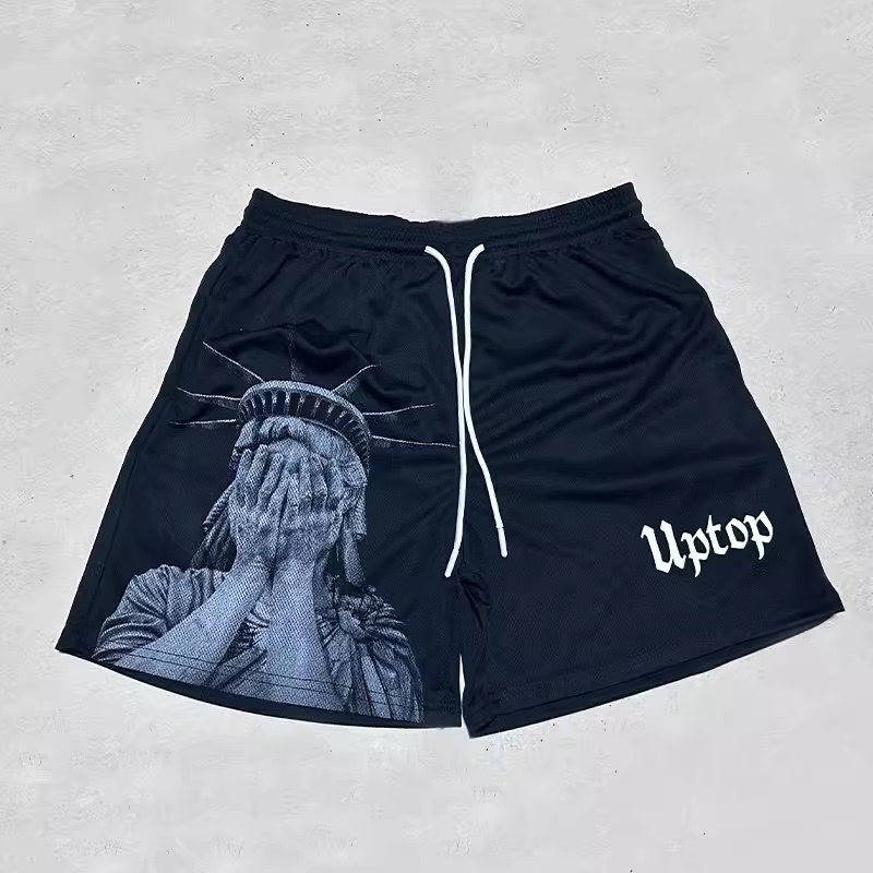 American Style Three-Quarter Shorts Men's Trendy Retro Watermark Quick-Dry Loose Mesh Running Training Summer Basketball Shorts
