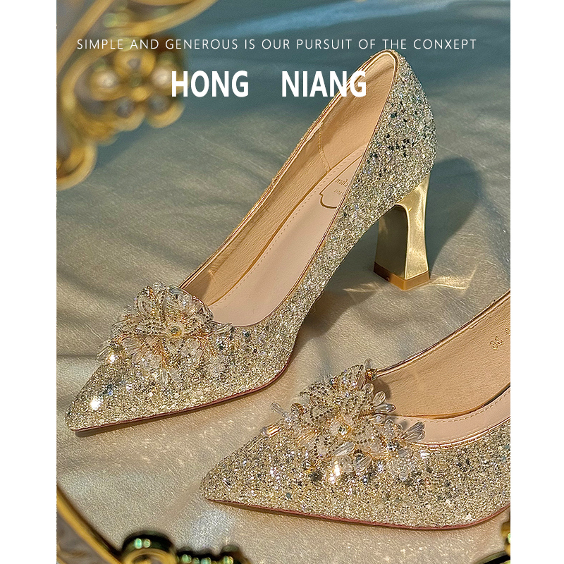Chunky Heel Wedding Shoes for Women 2026 New Style Bride Xiuhe Wedding Dress Two-Way Wear Stunning and Comfortable Champagne Color High Heels Large Size Chunky Heel Wedding Shoes for Women 2026 New Style Bride Xiuhe Wedding Dress Two-Way Wear Stunning and Comfortable Champagne Color High Heels Large Size