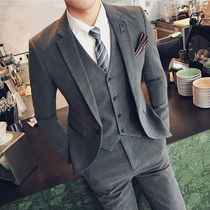 Suit suit Mens three-piece casual solid color small suit Korean slim business dress Groom wedding dress