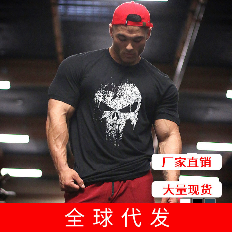2019 Cross-border New Men Penalties Sports Fitness T-shirt Round Collar Pure Cotton Muscle Short Sleeves