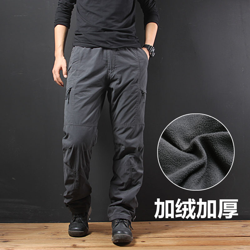 Autumn and winter plush cargo pants large size loose multi-pocket straight pants thick slacks men elasticated outdoor pants