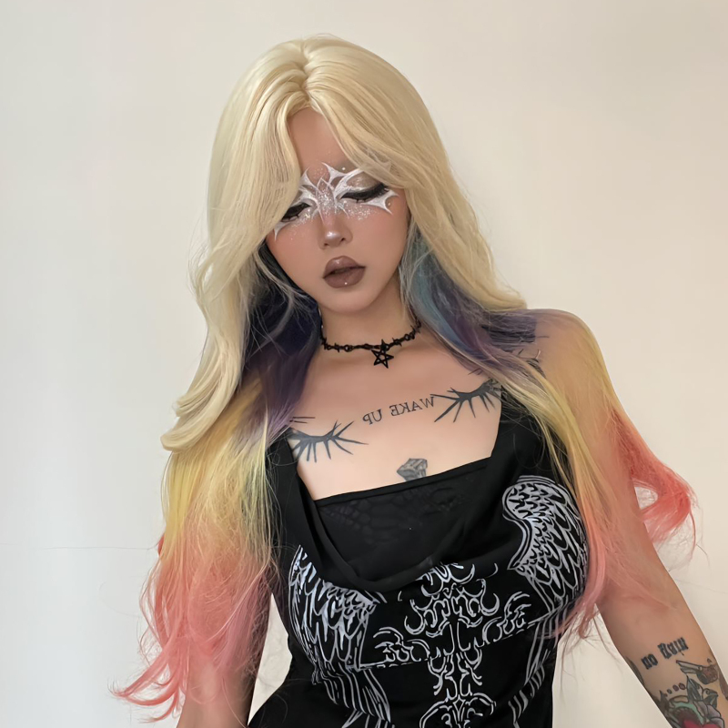 Rainbow Gradient Long Curly Wig for Women, Parisian Style Dyed Blonde and Pink Hair, Vintage-Inspired Hot Girl Style, Internet Celebrity Style